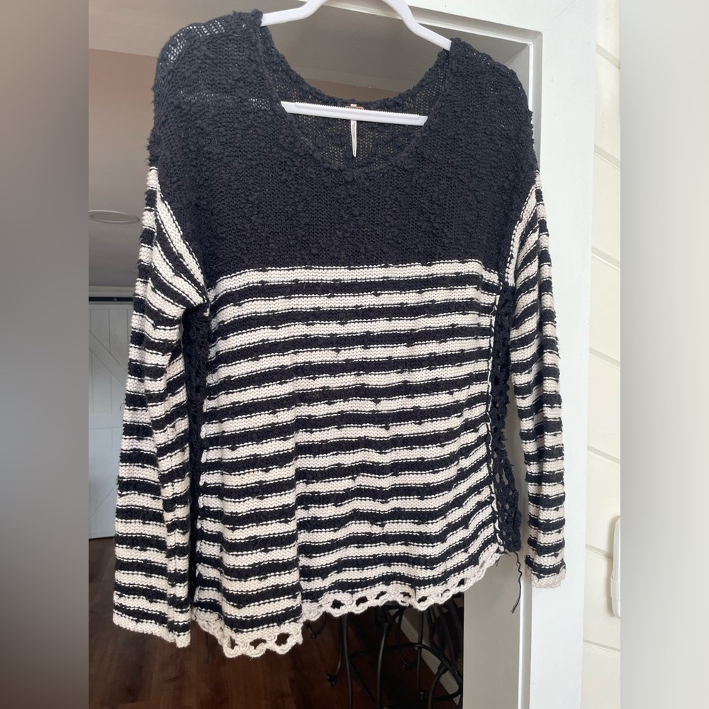 Free People Black and Cream Striped Sweater